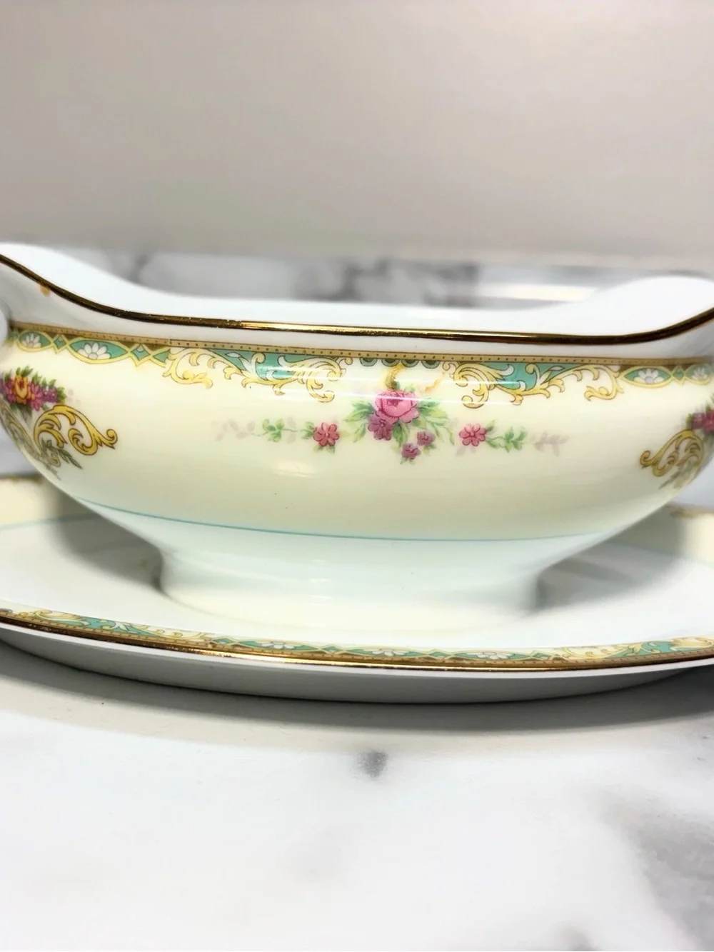 Noritake Fine Porcelain Gravy Boat with Saucer - Cream and Pink Floral 1930s